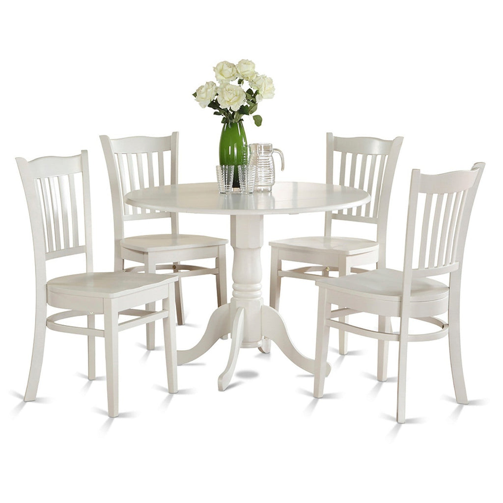East West Furniture DLGR5-WHI-W 5 Piece Kitchen Table & Chairs Set Includes a Round Dining Room Table with Dropleaf and 4 Dining Chairs, 42x42 Inch, Linen White