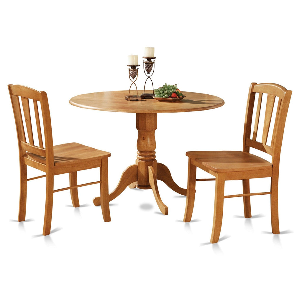 East West Furniture DLIN3-OAK-W 3 Piece Dining Table Set for Small Spaces Contains a Round Dining Room Table with Dropleaf and 2 Wood Seat Chairs, 42x42 Inch, Oak