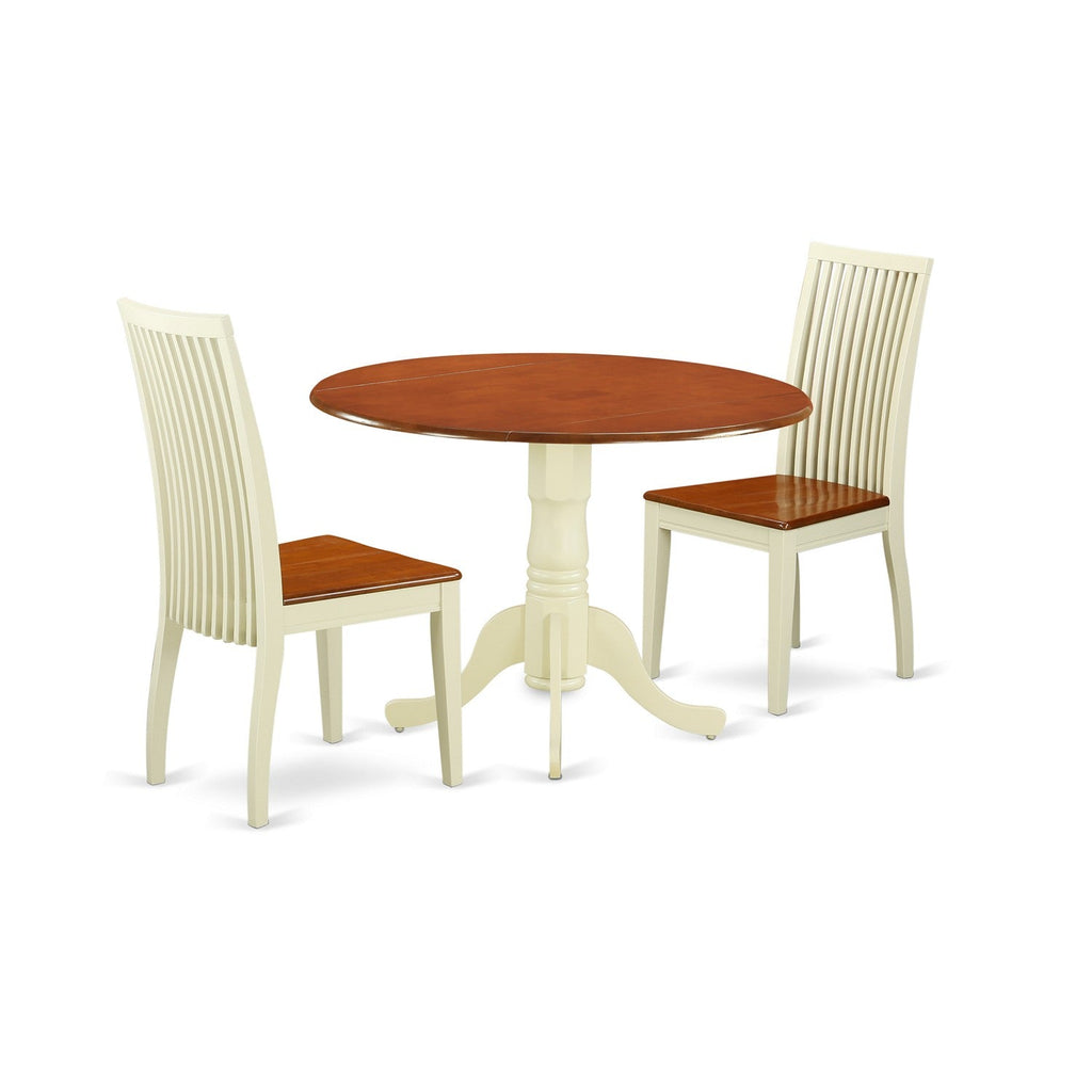 East West Furniture DLIP3-BMK-W 3 Piece Kitchen Table & Chairs Set Contains a Round Dining Room Table with Dropleaf and 2 Dining Chairs, 42x42 Inch, Buttermilk & Cherry