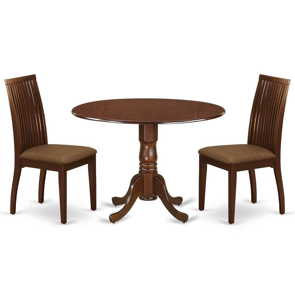 East West Furniture DLIP3-MAH-C 3 Piece Modern Dining Table Set Contains a Round Wooden Table with Dropleaf and 2 Linen Fabric Upholstered Dining Chairs, 42x42 Inch, Mahogany