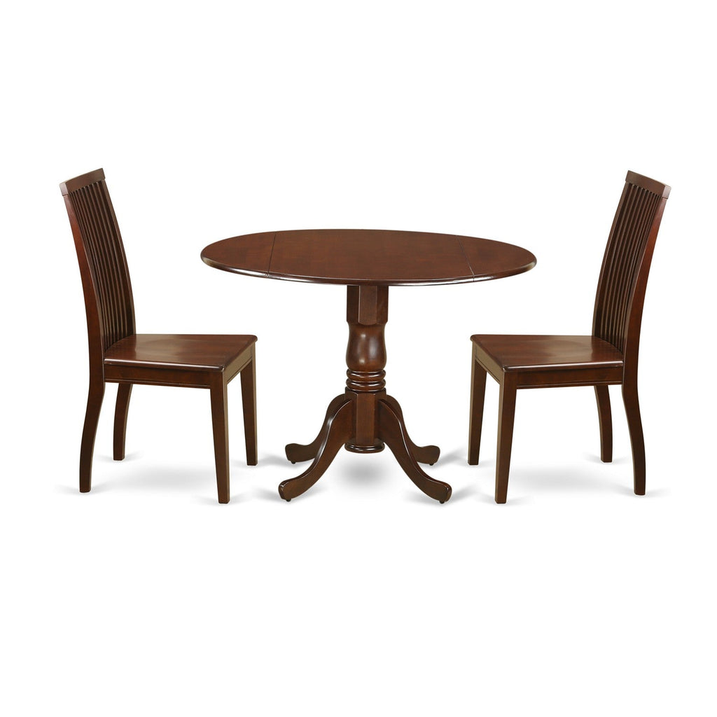 East West Furniture DLIP3-MAH-W 3 Piece Dining Room Furniture Set Contains a Round Kitchen Table with Dropleaf and 2 Dining Chairs, 42x42 Inch, Mahogany