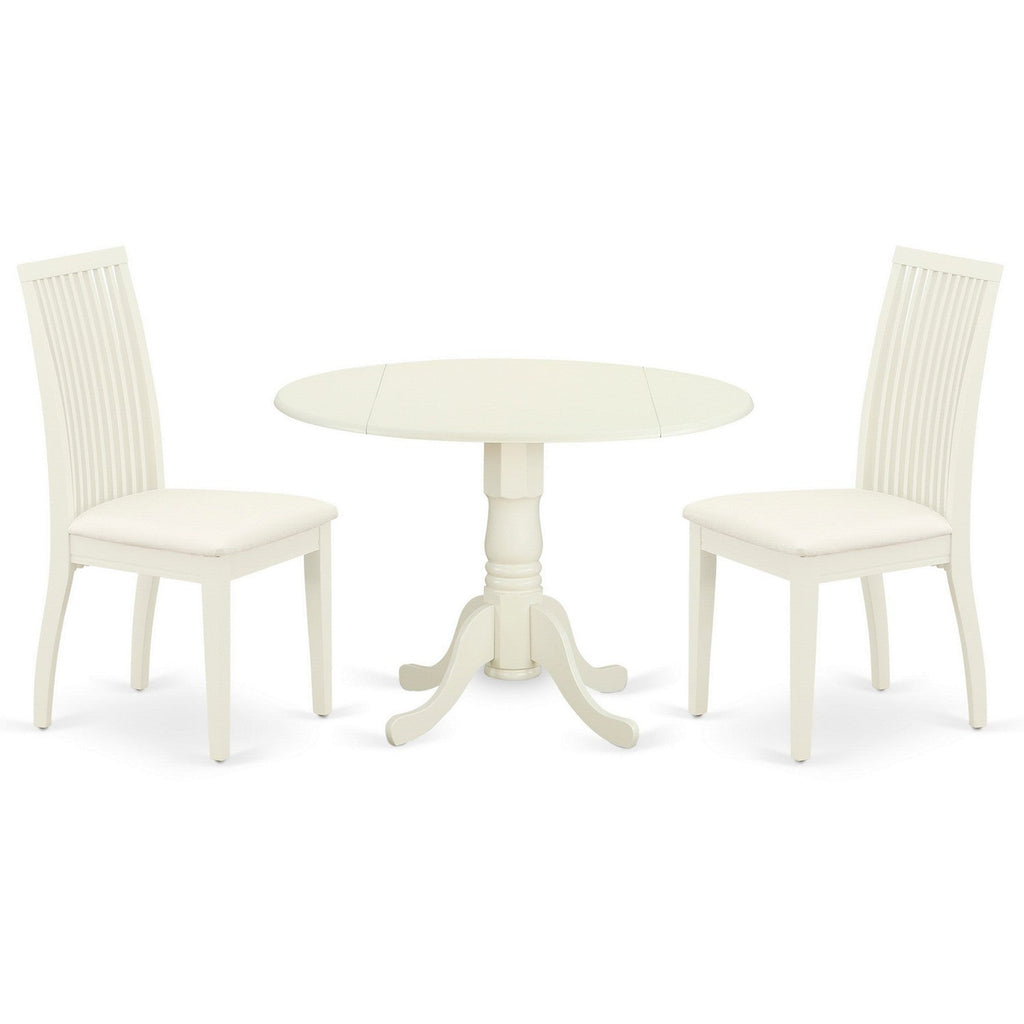 East West Furniture DLIP3-WHI-C 3 Piece Kitchen Table Set for Small Spaces Contains a Round Dining Table with Dropleaf and 2 Linen Fabric Dining Room Chairs, 42x42 Inch, Linen White