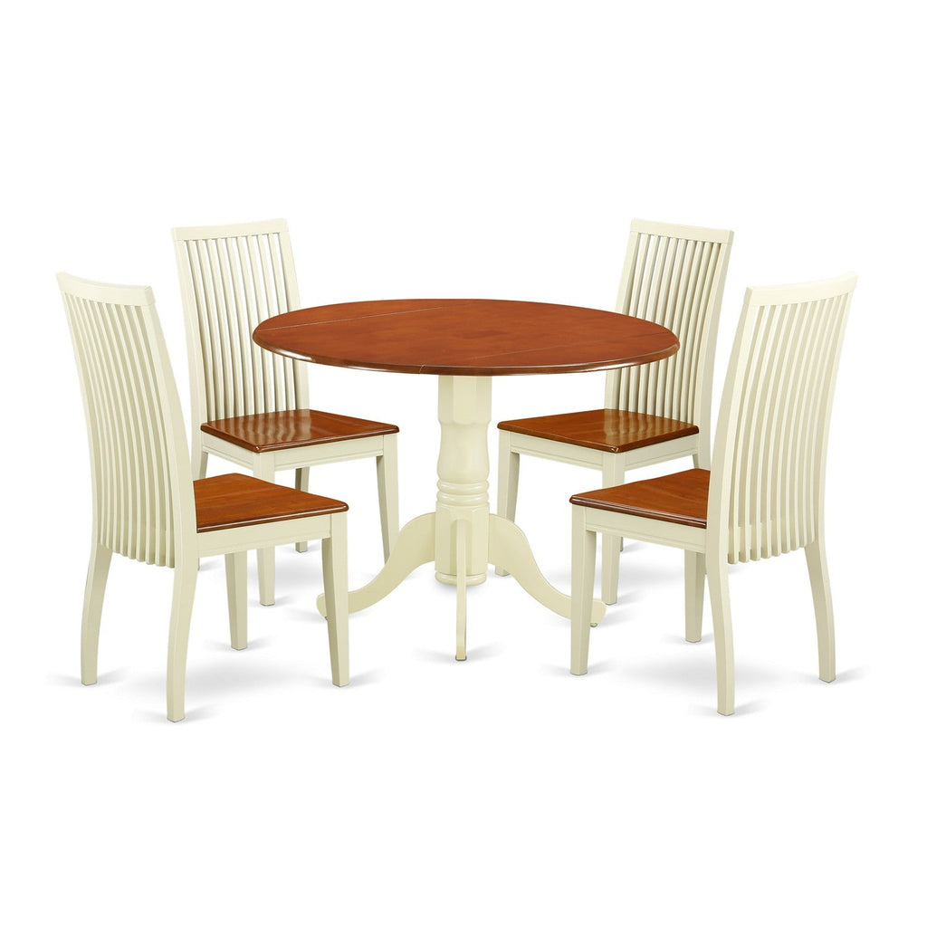 East West Furniture DLIP5-BMK-W 5 Piece Dining Room Table Set Includes a Round Kitchen Table with Dropleaf and 4 Dining Chairs, 42x42 Inch, Buttermilk & Cherry