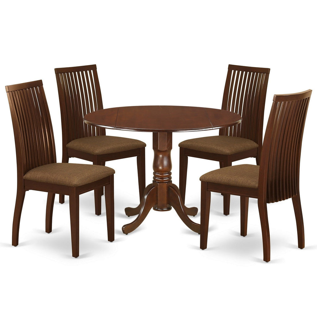 East West Furniture DLIP5-MAH-C 5 Piece Modern Dining Table Set Includes a Round Wooden Table with Dropleaf and 4 Linen Fabric Dining Room Chairs, 42x42 Inch, Mahogany