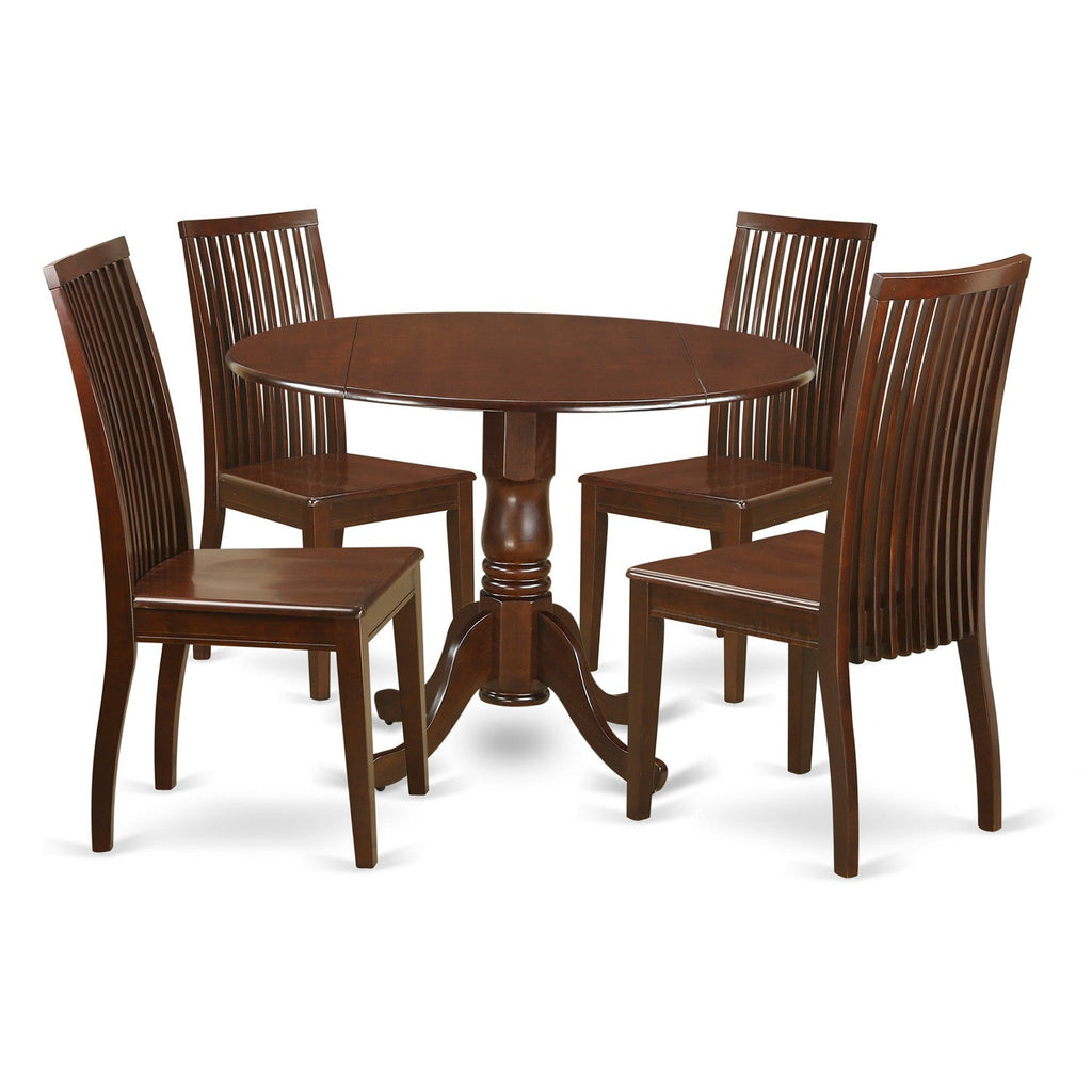 East West Furniture DLIP5-MAH-W 5 Piece Dining Room Furniture Set Includes a Round Kitchen Table with Dropleaf and 4 Dining Chairs, 42x42 Inch, Mahogany