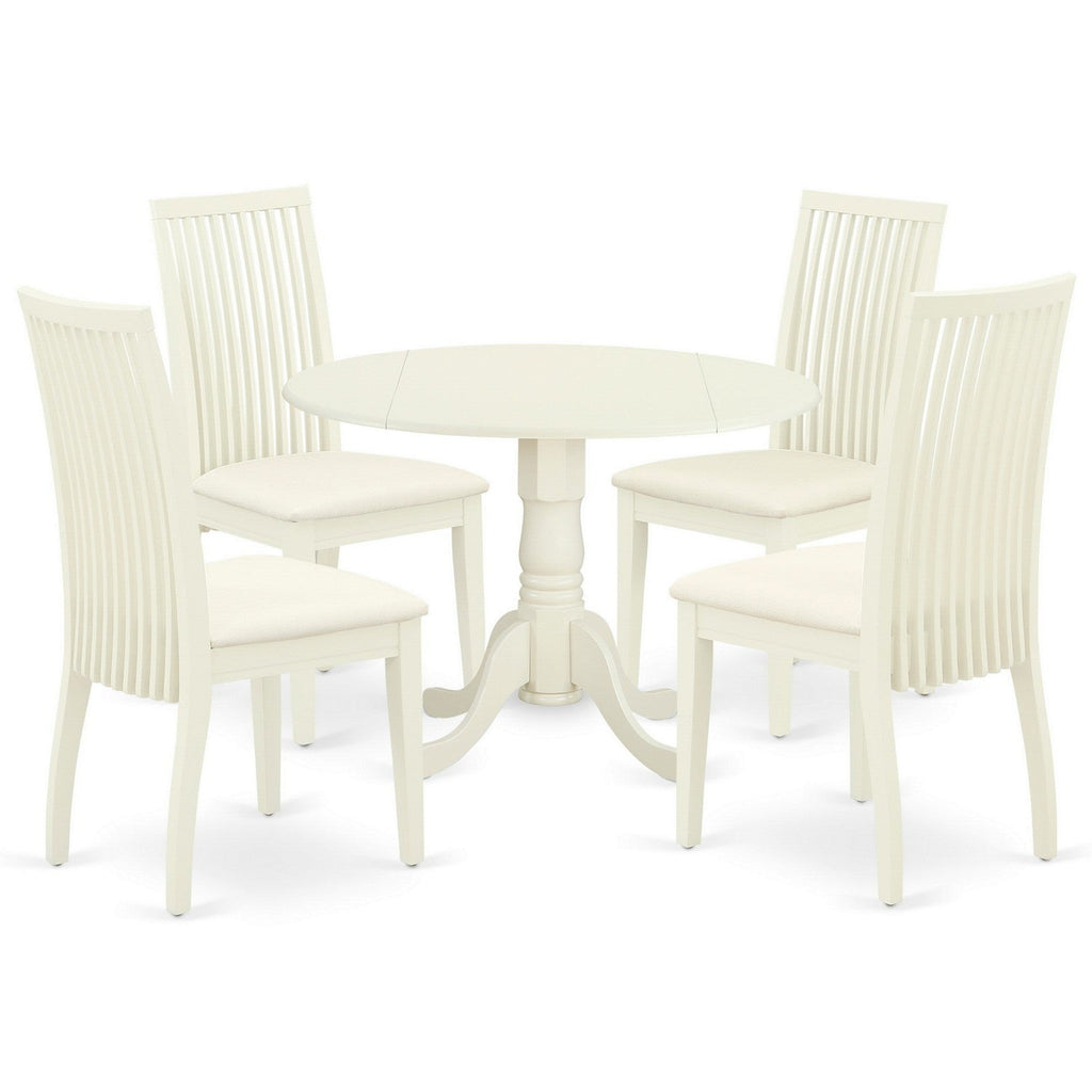 East West Furniture DLIP5-WHI-C 5 Piece Kitchen Table & Chairs Set Includes a Round Dining Table with Dropleaf and 4 Linen Fabric Dining Room Chairs, 42x42 Inch, Linen White