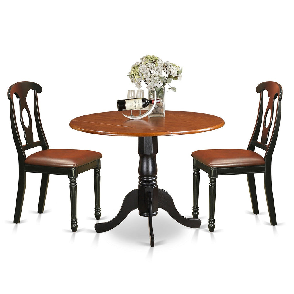 East West Furniture DLKE3-BCH-LC 3 Piece Modern Dining Table Set Contains a Round Wooden Table with Dropleaf and 2 Faux Leather Kitchen Dining Chairs, 42x42 Inch, Black & Cherry