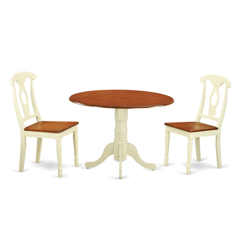 East West Furniture DLKE3-BMK-W 3 Piece Dinette Set for Small Spaces Contains a Round Dining Table with Dropleaf and 2 Dining Room Chairs, 42x42 Inch, Buttermilk & Cherry