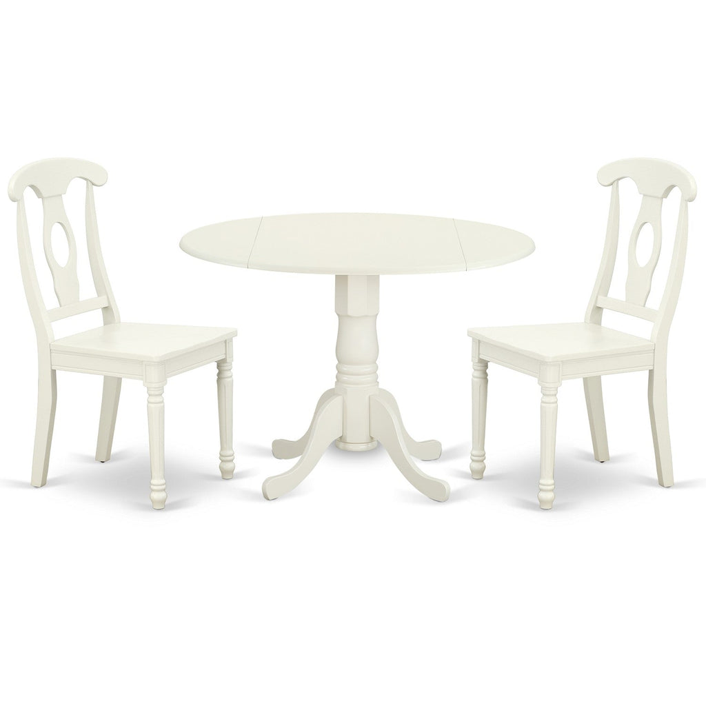East West Furniture DLKE3-LWH-W 3 Piece Dining Room Table Set Contains a Round Kitchen Table with Dropleaf and 2 Dining Chairs, 42x42 Inch, Linen White