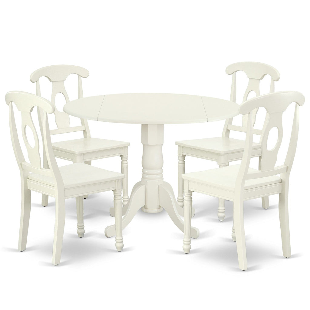East West Furniture DLKE5-LWH-W 5 Piece Dining Room Furniture Set Includes a Round Kitchen Table with Dropleaf and 4 Dining Chairs, 42x42 Inch, Linen White