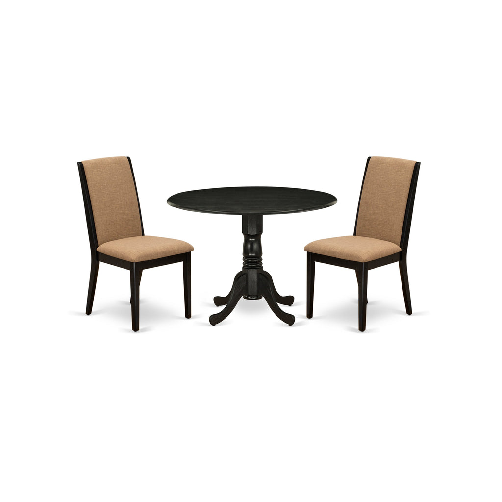 East West Furniture DLLA3-ABK-47 3 Piece Dining Room Table Set Contains a Round Kitchen Table with Dropleaf and 2 Light Sable Linen Fabric Parson Dining Chairs, 42x42 Inch, Wirebrushed Black