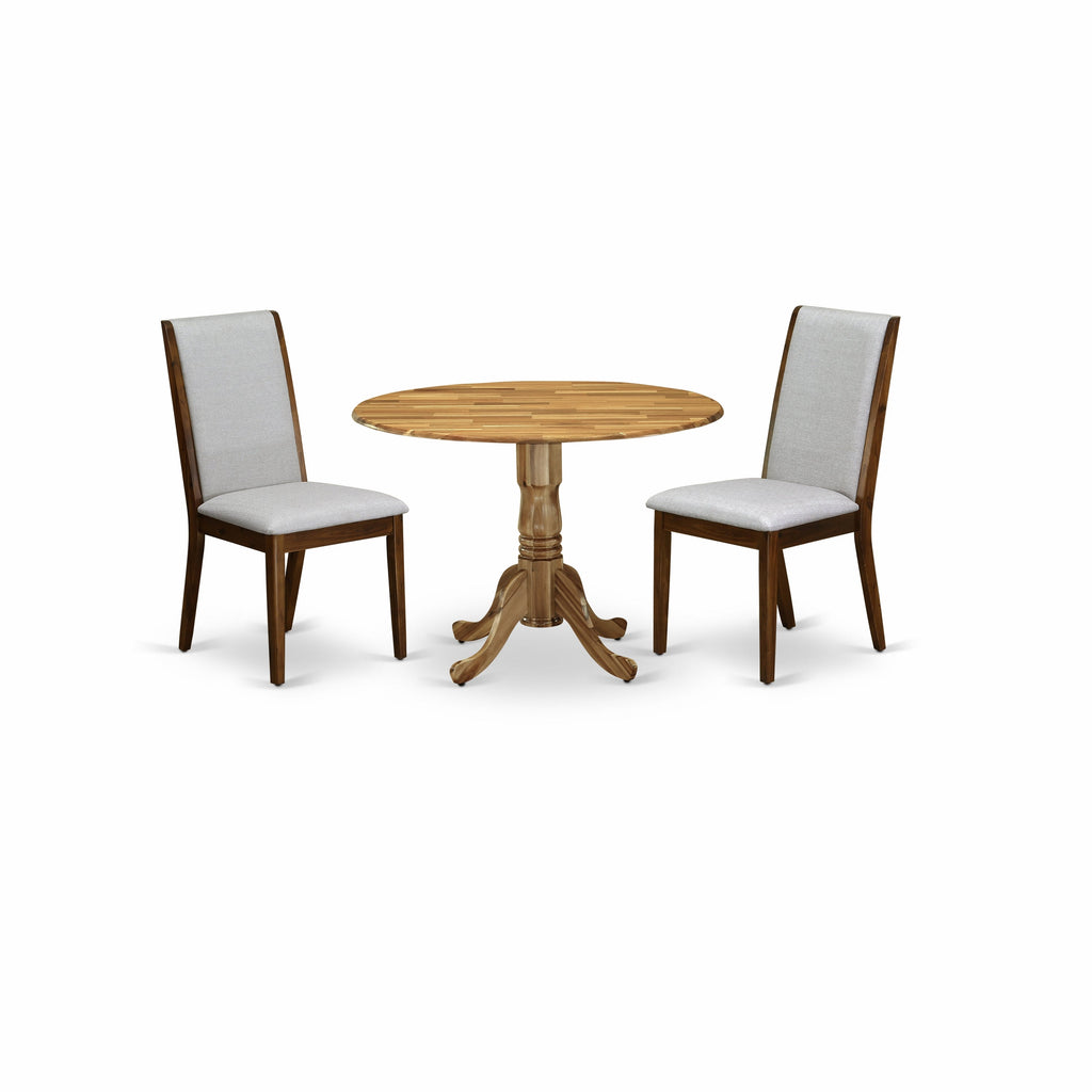 East West Furniture DLLA3-ANA-05 3 Piece Dining Room Furniture Set Contains a Round Dining Table with Dropleaf and 2 Grey Linen Fabric Upholstered Chairs, 42x42 Inch, Natural