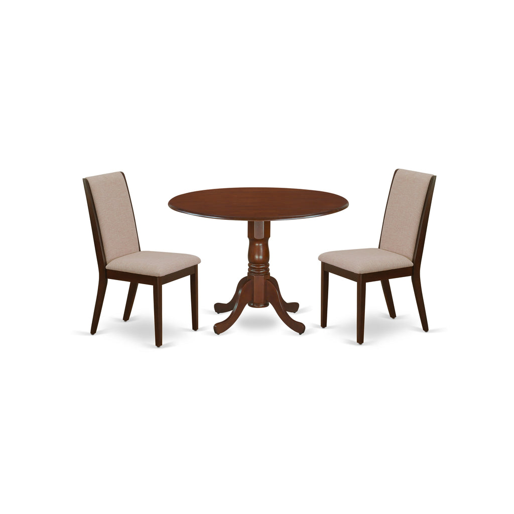 East West Furniture DLLA3-MAH-04 3 Piece Kitchen Table & Chairs Set Contains a Round Dining Room Table with Dropleaf and 2 Light Tan Linen Fabric Upholstered Chairs, 42x42 Inch, Mahogany