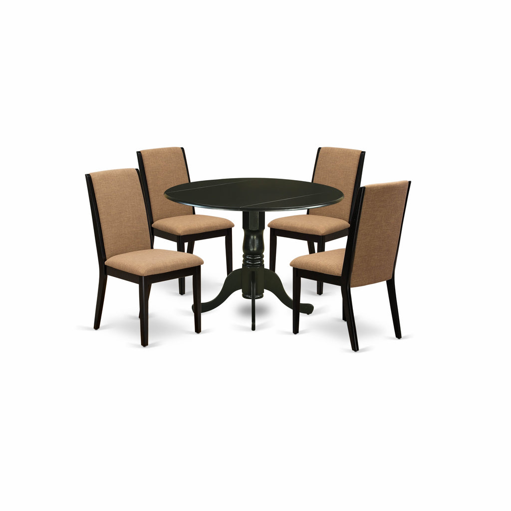 East West Furniture DLLA5-BLK-47 5 Piece Dining Set Includes a Round Dining Room Table with Dropleaf and 4 Light Sable Linen Fabric Upholstered Parson Chairs, 42x42 Inch, Black