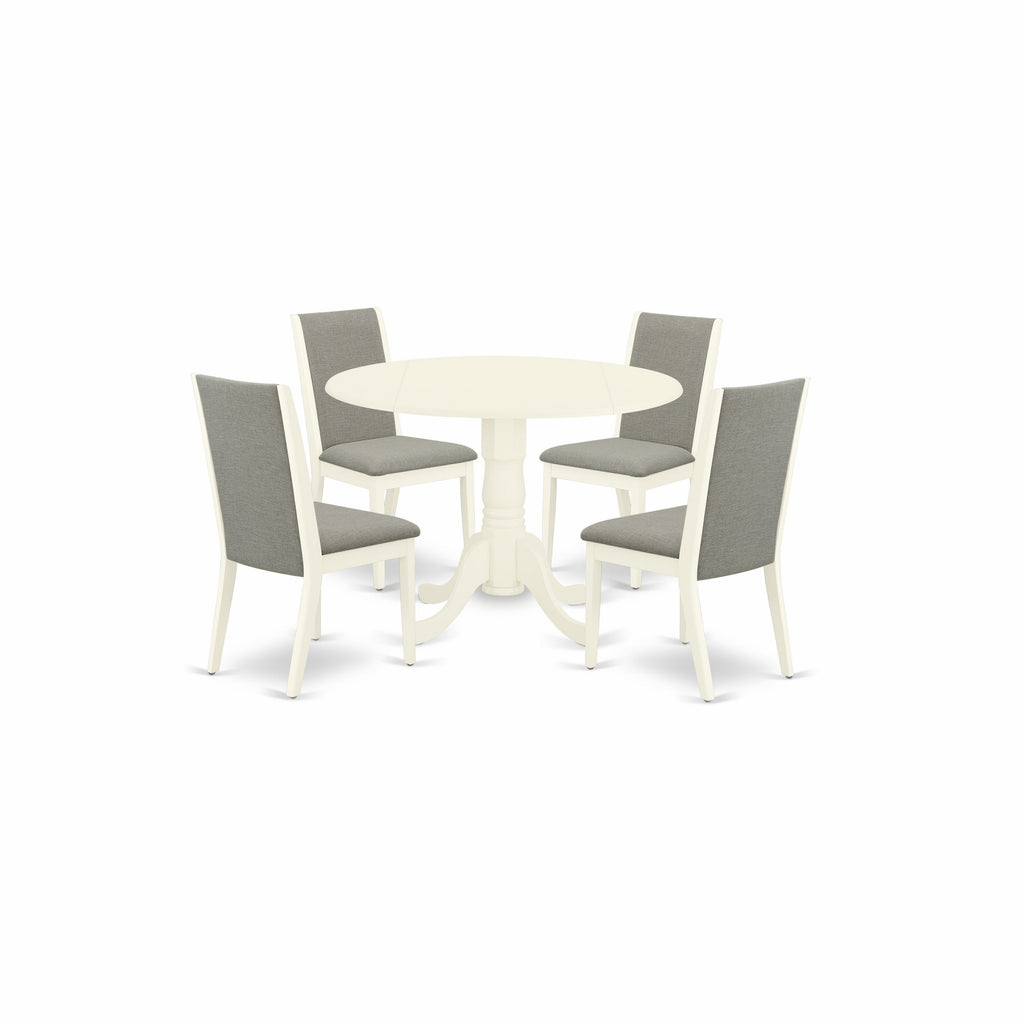 East West Furniture DLLA5-WHI-06 5 Piece Dining Room Table Set Includes a Round Kitchen Table with Dropleaf and 4 Shitake Linen Fabric Parson Dining Chairs, 42x42 Inch, Linen White