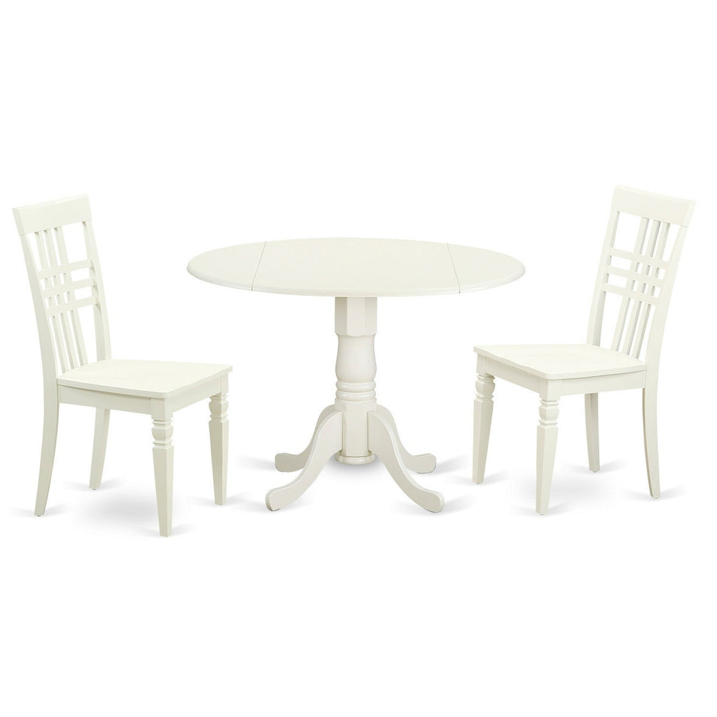 East West Furniture DLLG3-LWH-W 3 Piece Dining Room Furniture Set Contains a Round Kitchen Table with Dropleaf and 2 Dining Chairs, 42x42 Inch, Linen White