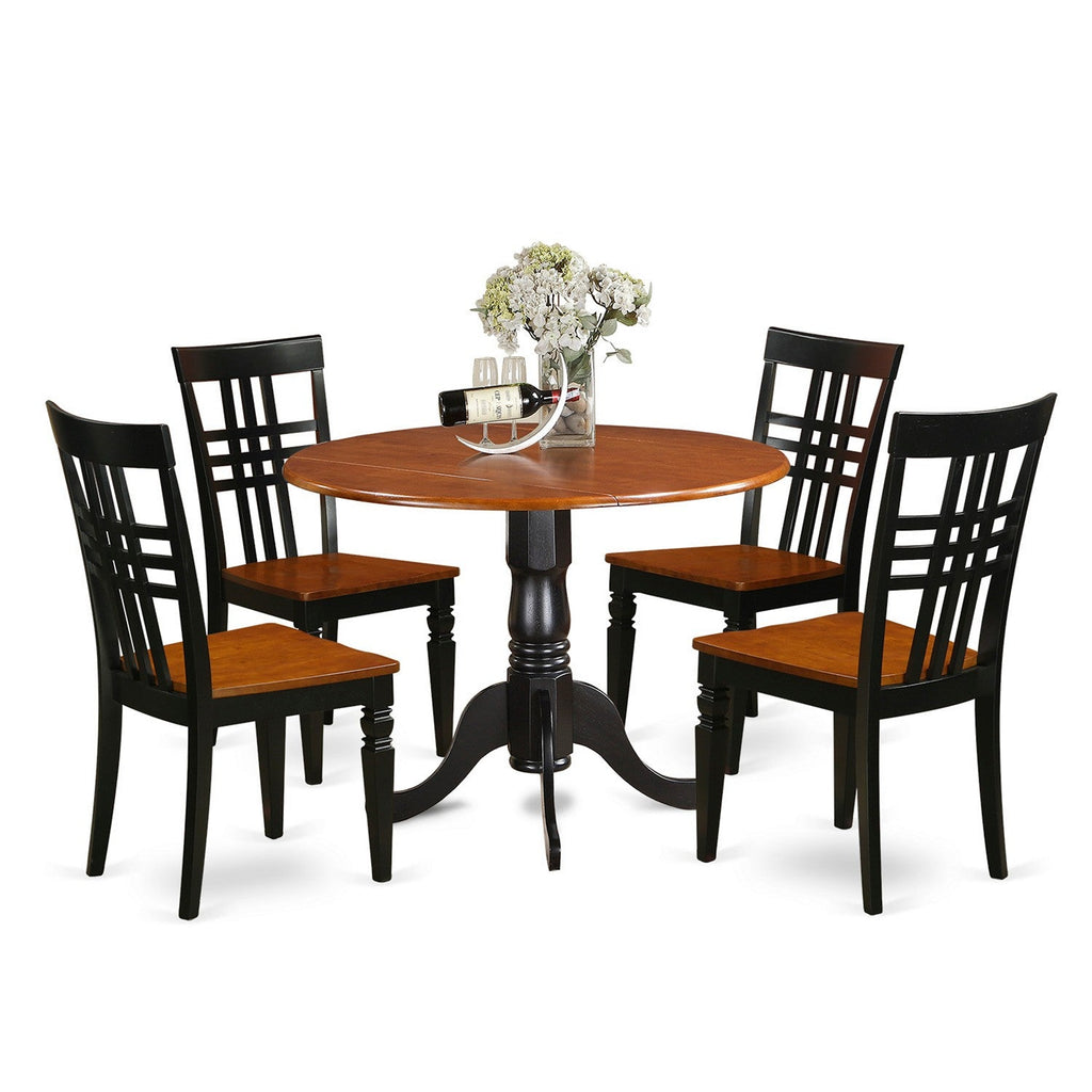 East West Furniture DLLG5-BCH-W 5 Piece Dining Room Furniture Set Includes a Round Dining Table with Dropleaf and 4 Wood Seat Chairs, 42x42 Inch, Black & Cherry