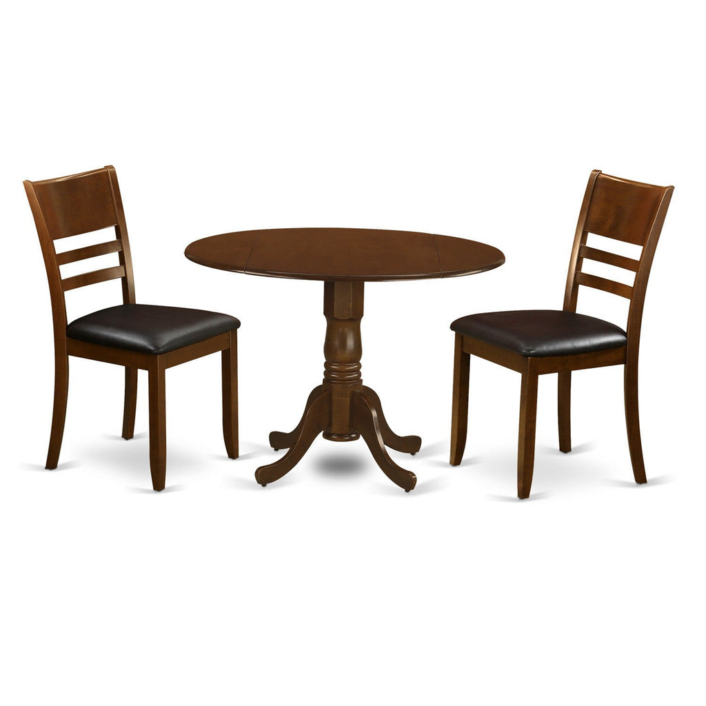 East West Furniture DLLY3-ESP-LC 3 Piece Kitchen Table Set for Small Spaces Contains a Round Dining Room Table with Dropleaf and 2 Faux Leather Upholstered Chairs, 42x42 Inch, Espresso