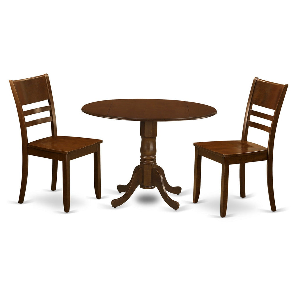East West Furniture DLLY3-ESP-W 3 Piece Dining Table Set for Small Spaces Contains a Round Dining Room Table with Dropleaf and 2 Wooden Seat Chairs, 42x42 Inch, Espresso