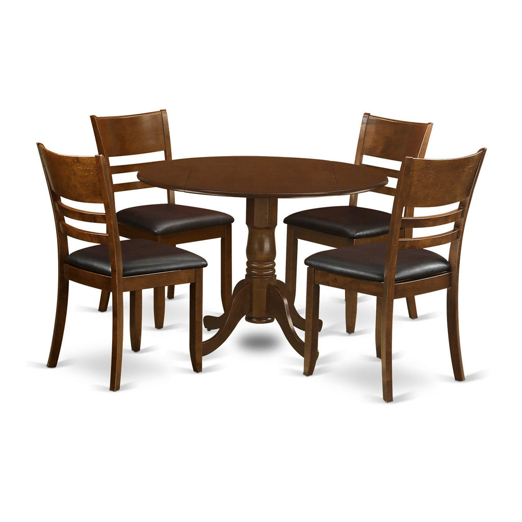 East West Furniture DLLY5-ESP-LC 5 Piece Kitchen Table & Chairs Set Includes a Round Dining Table with Dropleaf and 4 Faux Leather Dining Room Chairs, 42x42 Inch, Espresso