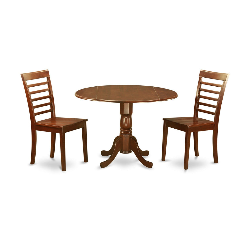 East West Furniture DLML3-MAH-W 3 Piece Modern Dining Table Set Contains a Round Wooden Table with Dropleaf and 2 Kitchen Dining Chairs, 42x42 Inch, Mahogany
