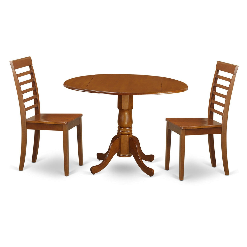 East West Furniture DLML3-SBR-W 3 Piece Kitchen Table Set for Small Spaces Contains a Round Dining Table with Dropleaf and 2 Dining Room Chairs, 42x42 Inch, Saddle Brown