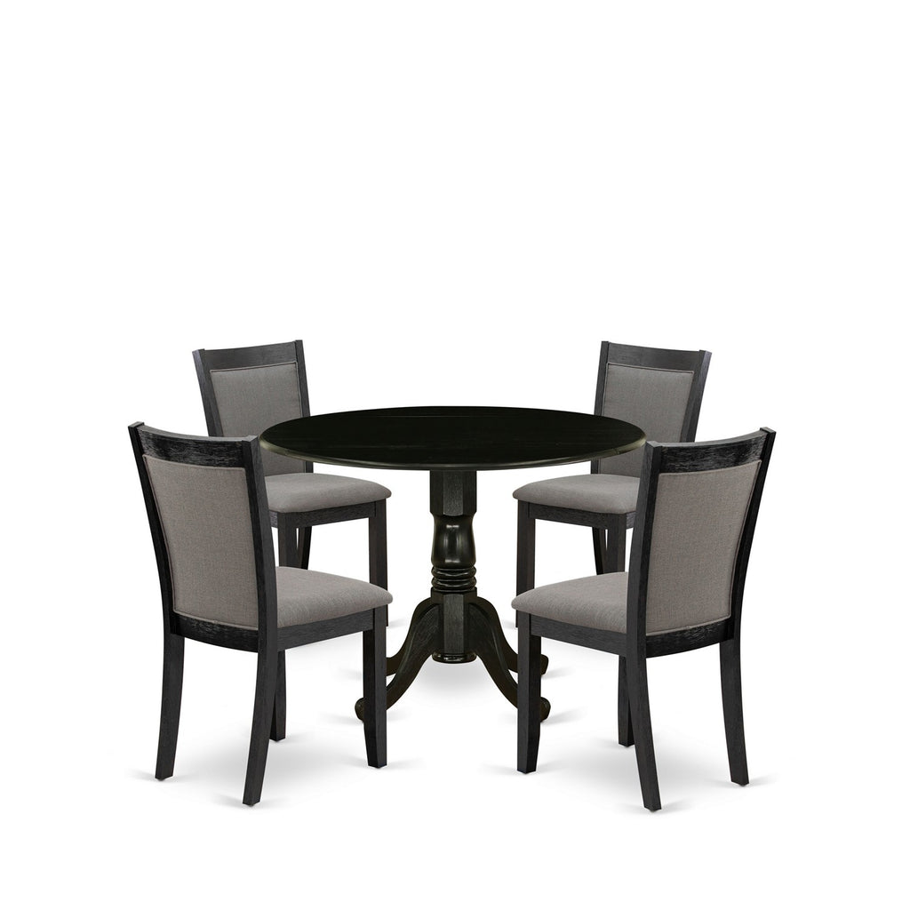 East West Furniture DLMZ5-AB6-50 5 Piece Dining Room Furniture Set Includes a Round Dining Table with Dropleaf and 4 Dark Gotham Grey Linen Fabric Parson Chairs, 42x42 Inch, Wirebrushed Black