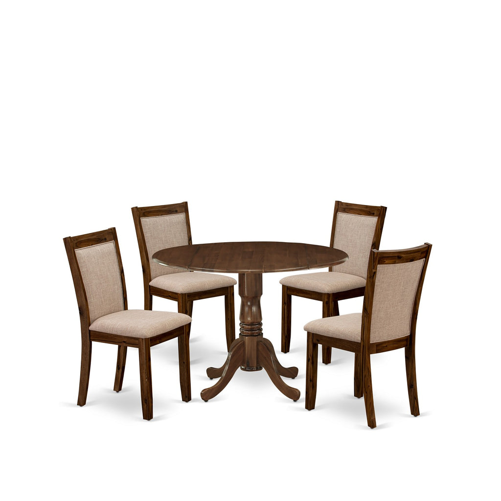 East West Furniture DLMZ5-AWN-04 5 Piece Kitchen Table Set for 4 Includes a Round Dining Room Table with Dropleaf and 4 Light Tan Linen Fabric Parsons Dining Chairs, 42x42 Inch, Natural Walnut