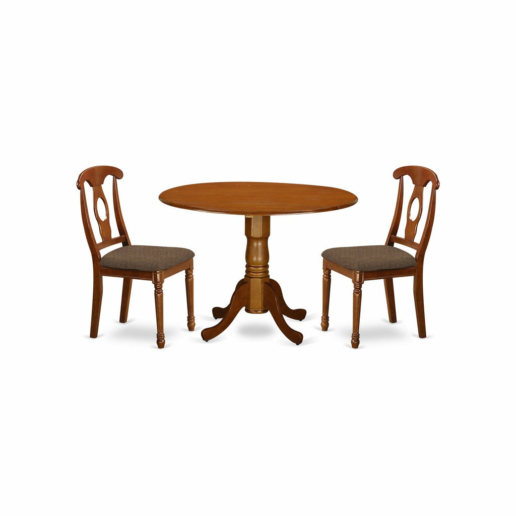 East West Furniture DLNA3-SBR-C 3 Piece Dining Set Contains a Round Dining Table with Dropleaf and 2 Linen Fabric Kitchen Room Chairs, 42x42 Inch, Saddle Brown