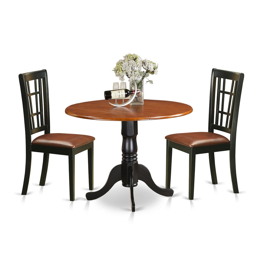 East West Furniture DLNI3-BCH-LC 3 Piece Dining Set Contains a Round Dining Room Table with Dropleaf and 2 Faux Leather Upholstered Chairs, 42x42 Inch, Black & Cherry