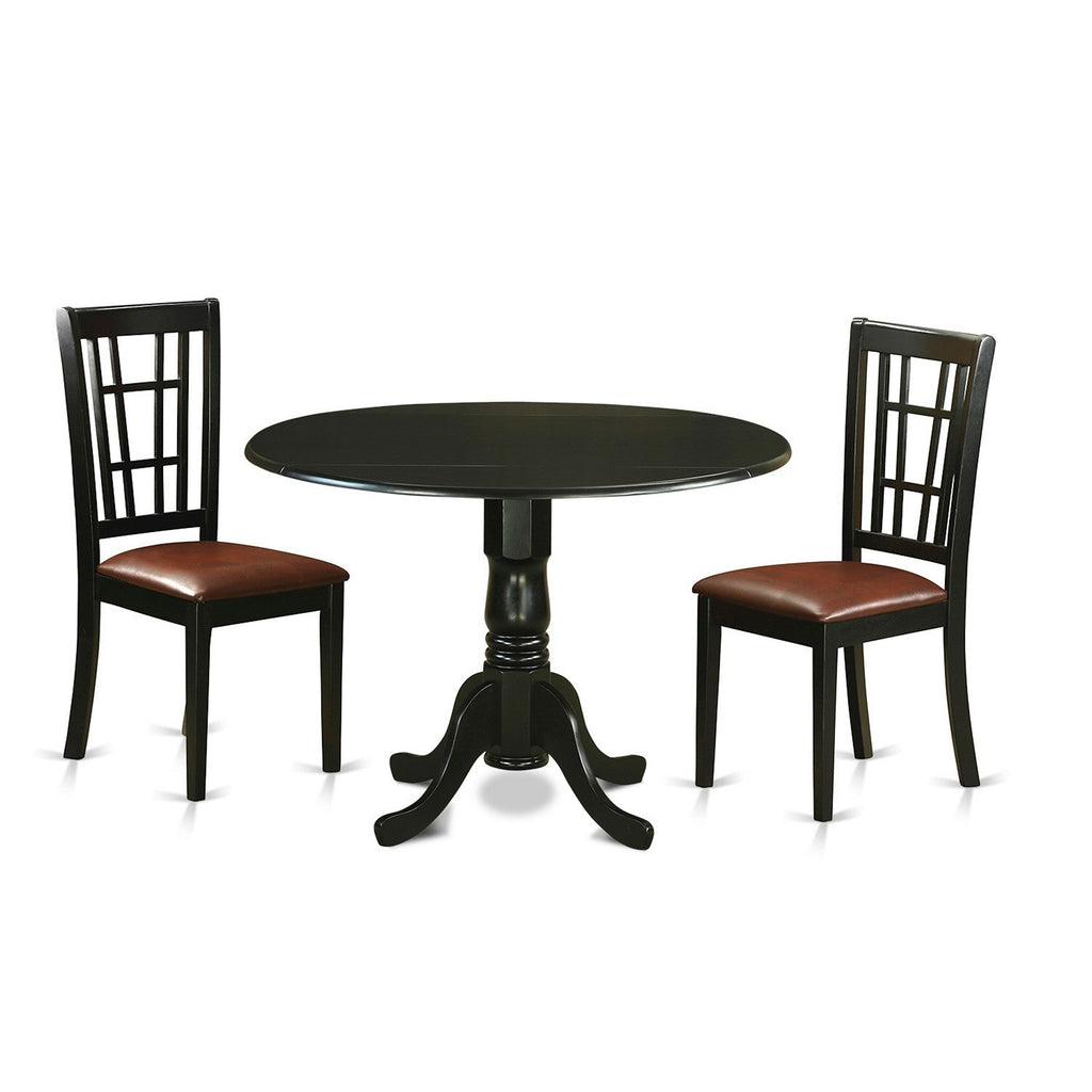 East West Furniture DLNI3-BLK-LC 3 Piece Dining Table Set for Small Spaces Contains a Round Dining Room Table with Dropleaf and 2 Faux Leather Upholstered Chairs, 42x42 Inch, Black