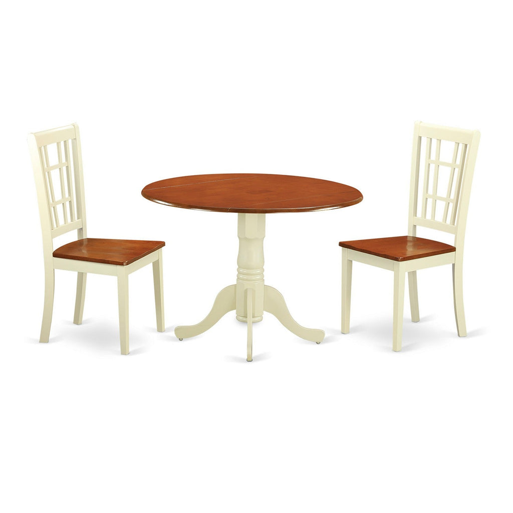 East West Furniture DLNI3-BMK-W 3 Piece Dining Room Furniture Set Contains a Round Kitchen Table with Dropleaf and 2 Dining Chairs, 42x42 Inch, Buttermilk & Cherry