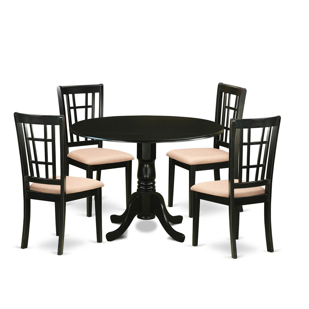 East West Furniture DLNI5-BLK-C 5 Piece Modern Dining Table Set Includes a Round Wooden Table with Dropleaf and 4 Linen Fabric Kitchen Dining Chairs, 42x42 Inch, Black