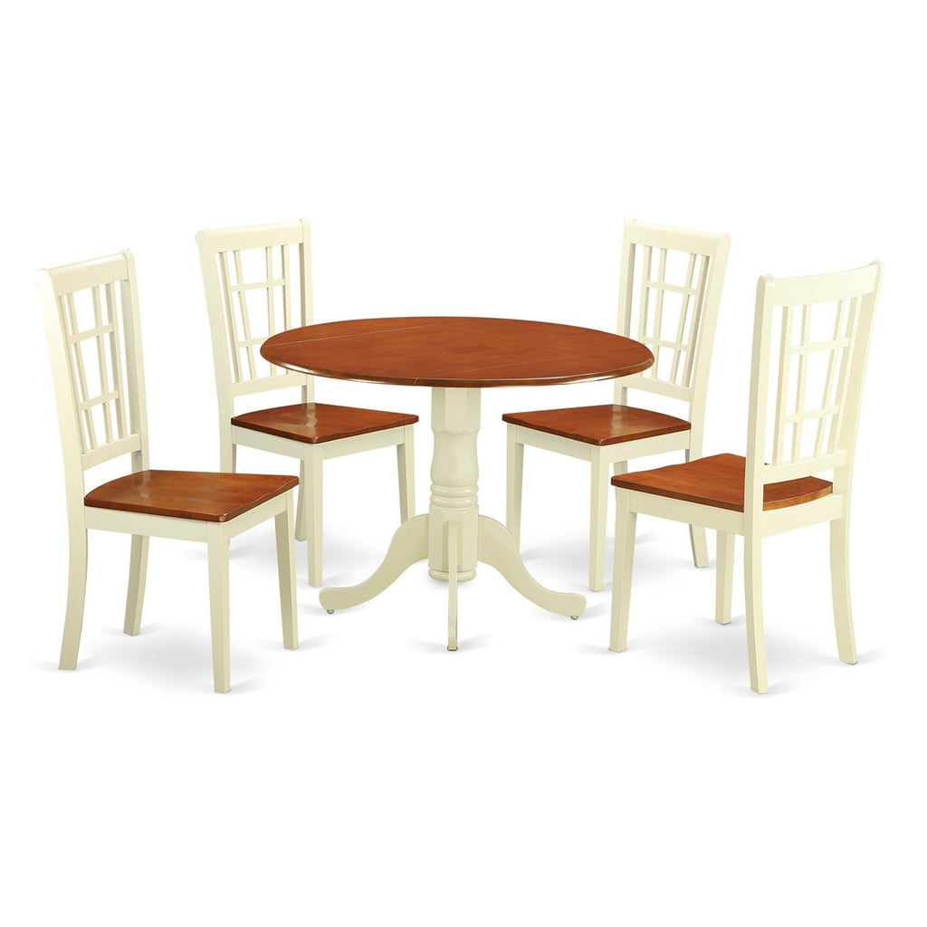 East West Furniture DLNI5-BMK-W 5 Piece Dinette Set for 4 Includes a Round Dining Room Table with Dropleaf and 4 Dining Chairs, 42x42 Inch, Buttermilk & Cherry