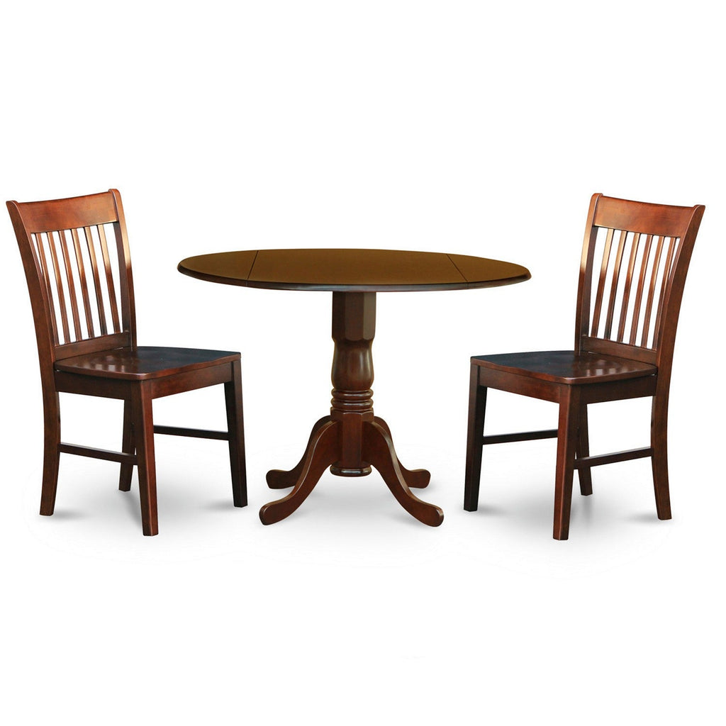 East West Furniture DLNO3-MAH-W 3 Piece Kitchen Table Set for Small Spaces Contains a Round Dining Table with Dropleaf and 2 Dining Room Chairs, 42x42 Inch, Mahogany