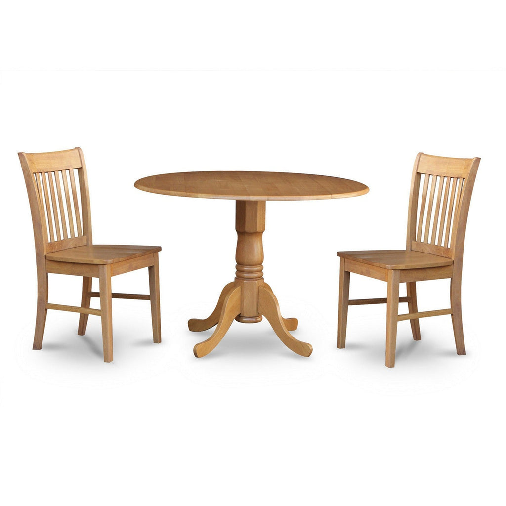 East West Furniture DLNO3-OAK-W 3 Piece Modern Dining Table Set Contains a Round Wooden Table with Dropleaf and 2 Dining Chairs, 42x42 Inch, Oak