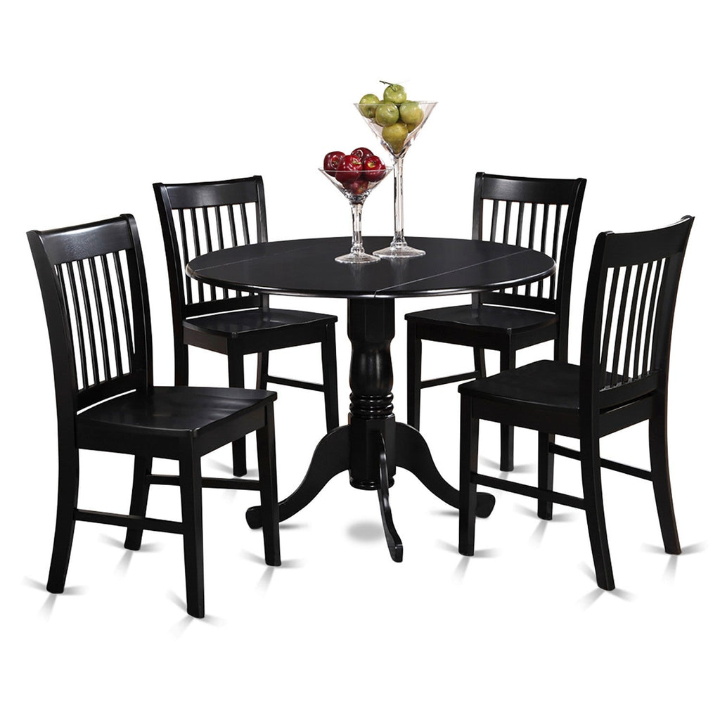 East West Furniture DLNO5-BLK-W 5 Piece Dinette Set for 4 Includes a Round Dining Room Table with Dropleaf and 4 Kitchen Dining Chairs, 42x42 Inch, Black