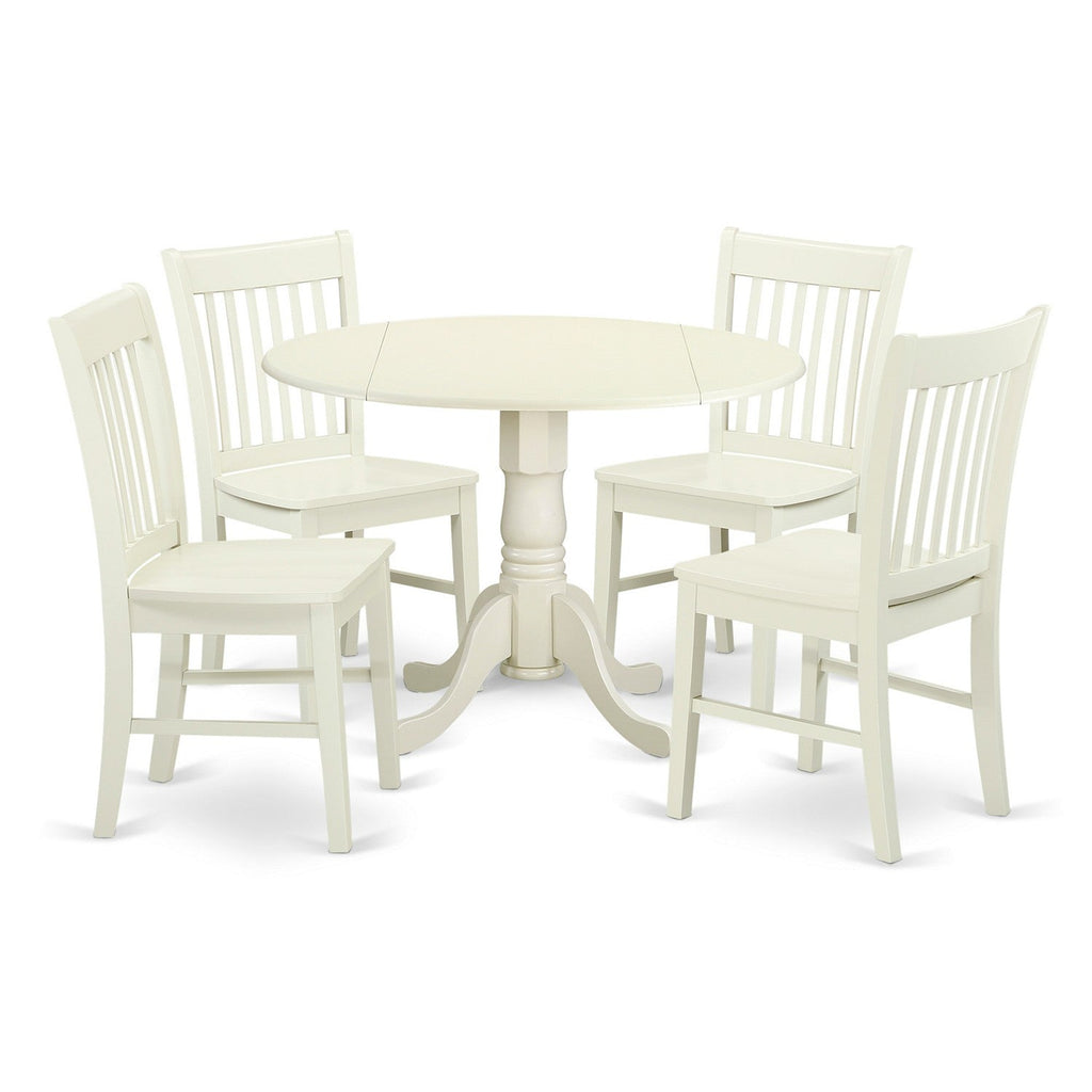 East West Furniture DLNO5-LWH-W 5 Piece Dining Set Includes a Round Dining Room Table with Dropleaf and 4 Kitchen Chairs, 42x42 Inch, Linen White