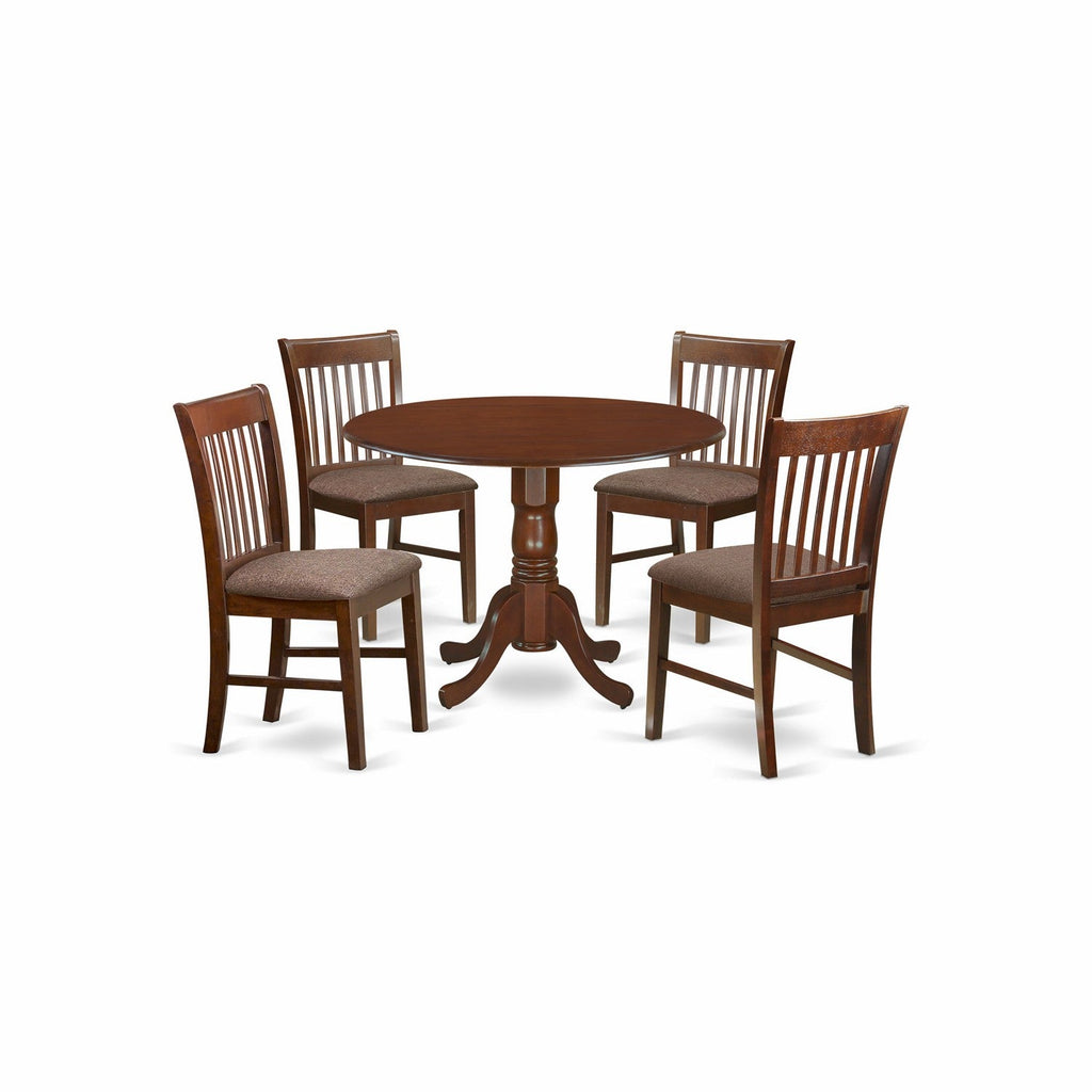 East West Furniture DLNO5-MAH-C 5 Piece Dining Room Furniture Set Includes a Round Kitchen Table with Dropleaf and 4 Linen Fabric Upholstered Dining Chairs, 42x42 Inch, Mahogany