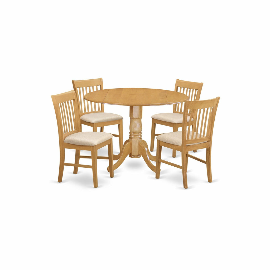 East West Furniture DLNO5-OAK-C 5 Piece Kitchen Table & Chairs Set Includes a Round Dining Room Table with Dropleaf and 4 Linen Fabric Upholstered Dining Chairs, 42x42 Inch, Oak