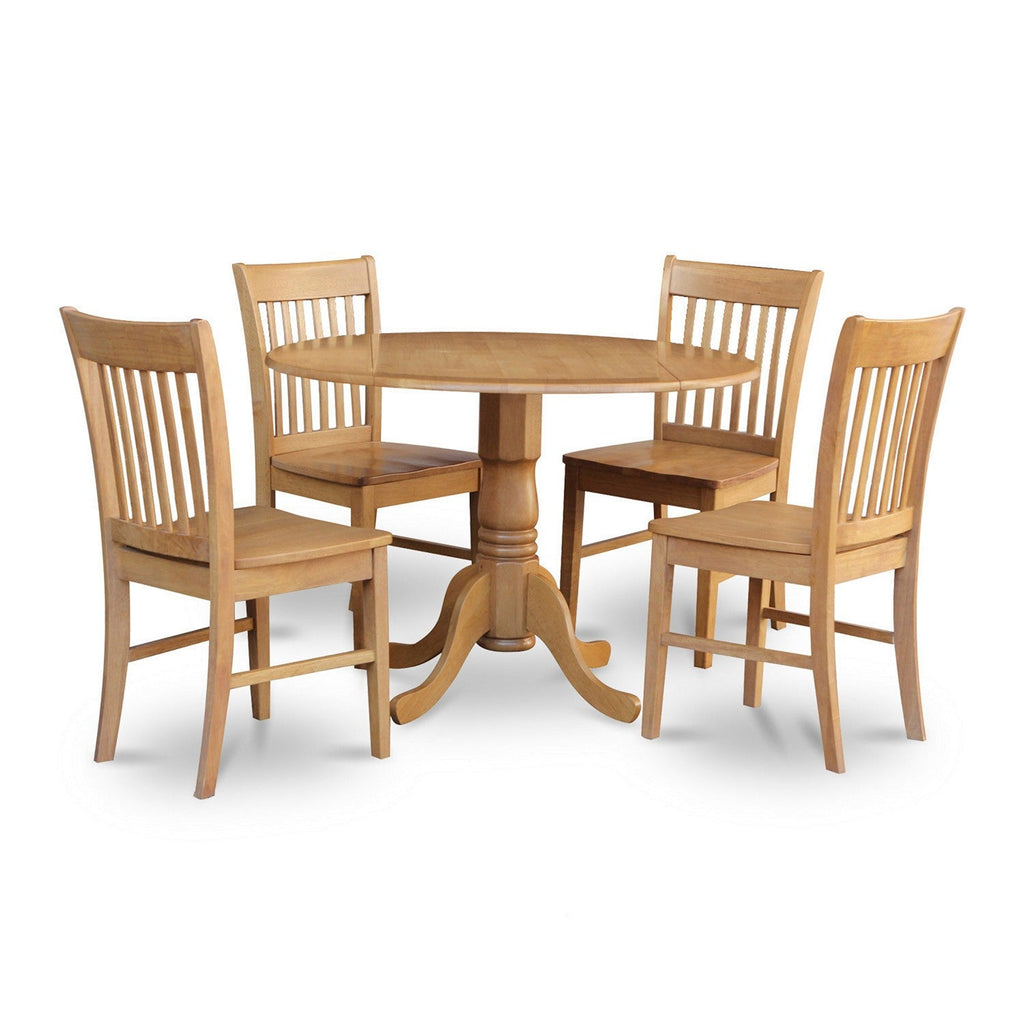 East West Furniture DLNO5-OAK-W 5 Piece Modern Dining Table Set Includes a Round Wooden Table with Dropleaf and 4 Dining Chairs, 42x42 Inch, Oak