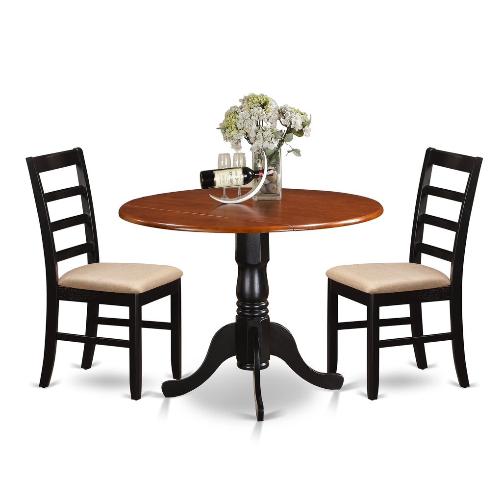 East West Furniture DLPF3-BCH-C 3 Piece Dining Set Contains a Round Dining Room Table with Dropleaf and 2 Linen Fabric Upholstered Kitchen Chairs, 42x42 Inch, Black & Cherry