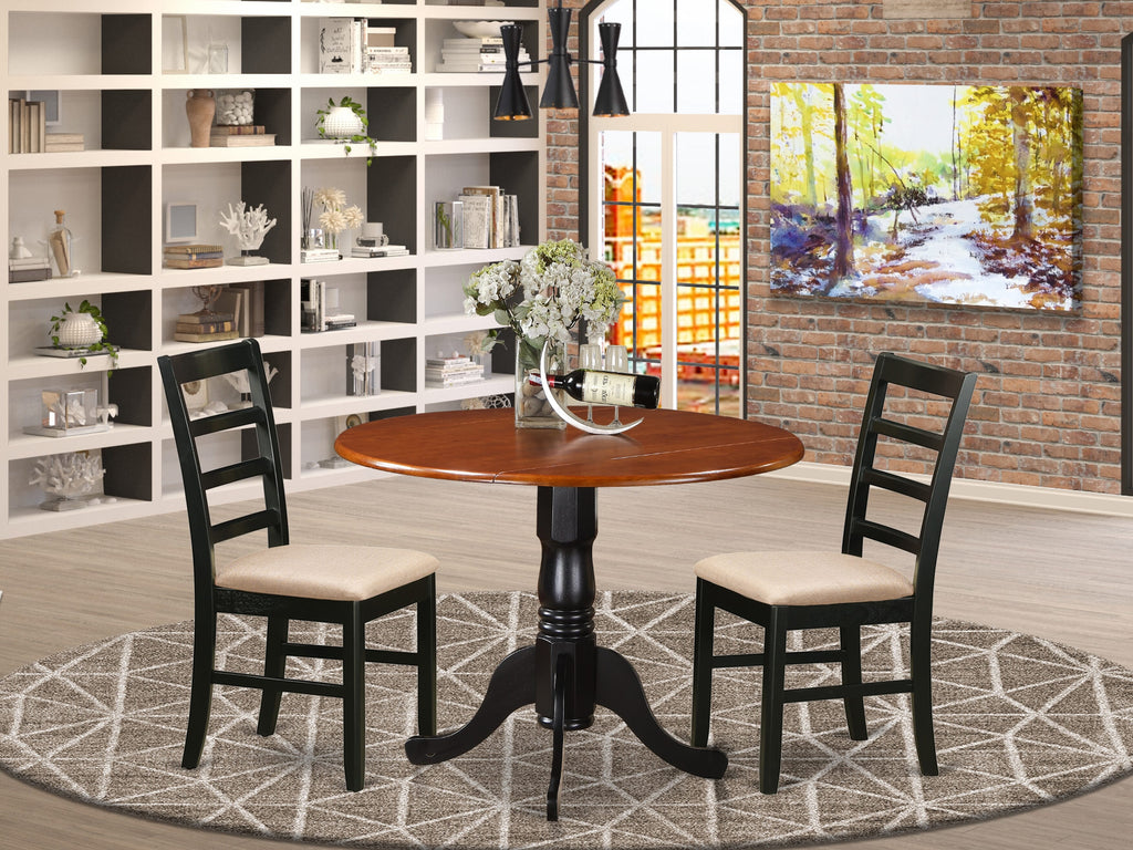 East West Furniture DLPF3-BCH-C 3 Piece Dining Set Contains a Round Dining Room Table with Dropleaf and 2 Linen Fabric Upholstered Kitchen Chairs, 42x42 Inch, Black & Cherry