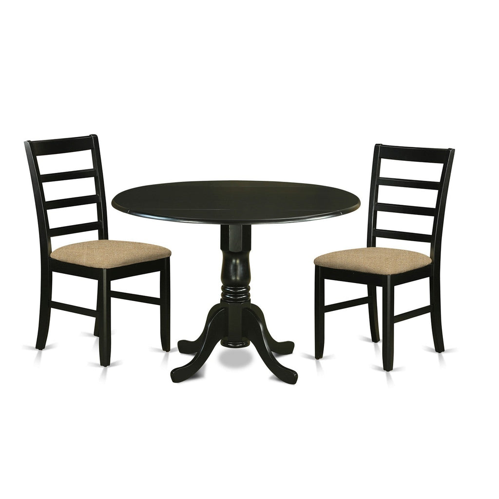East West Furniture DLPF3-BLK-C 3 Piece Dining Set Contains a Round Dining Room Table with Dropleaf and 2 Linen Fabric Upholstered Kitchen Chairs, 42x42 Inch, Black