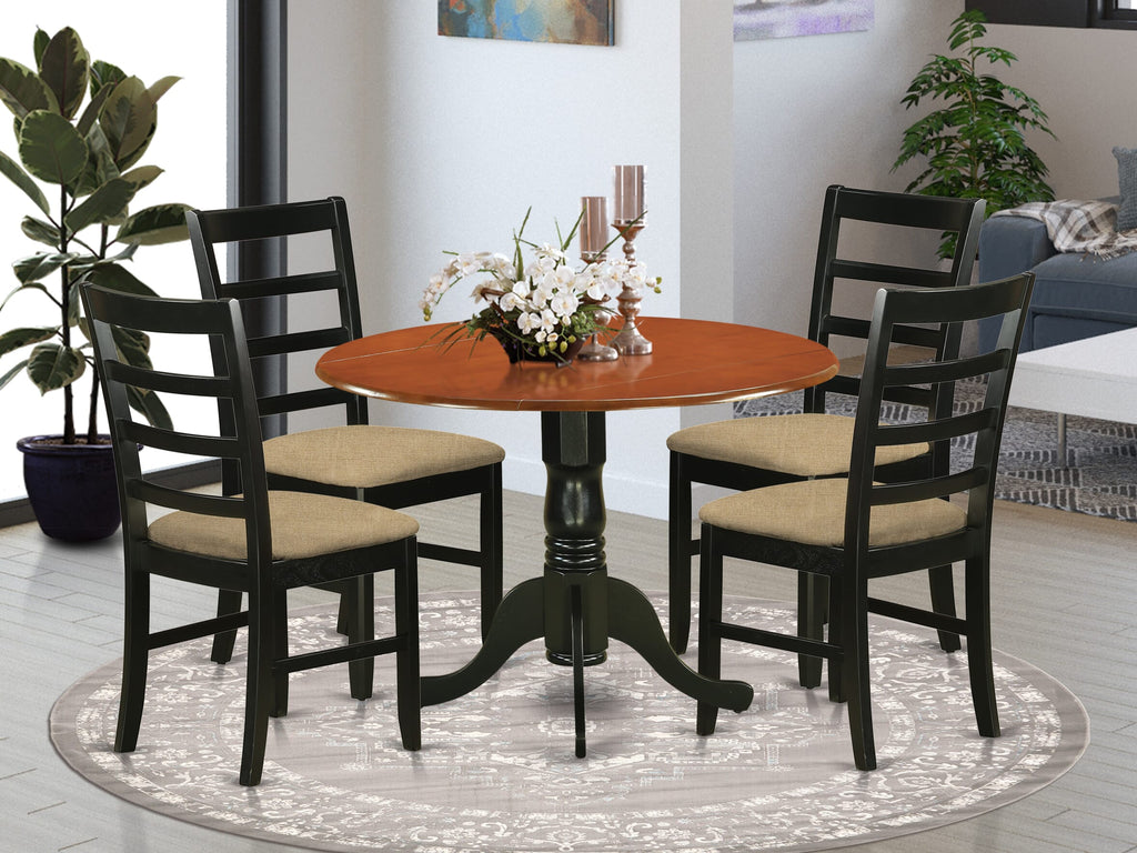 East West Furniture DLPF5-BCH-C 5 Piece Kitchen Table & Chairs Set Includes a Round Dining Room Table with Dropleaf and 4 Linen Fabric Upholstered Chairs, 42x42 Inch, Black & Cherry