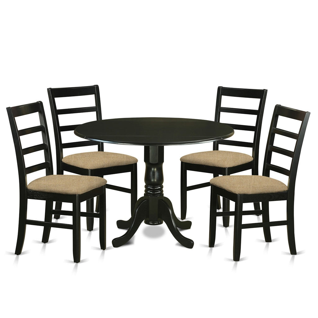 East West Furniture DLPF5-BLK-C 5 Piece Dining Table Set for 4 Includes a Round Kitchen Table with Dropleaf and 4 Linen Fabric Dining Room Chairs, 42x42 Inch, Black