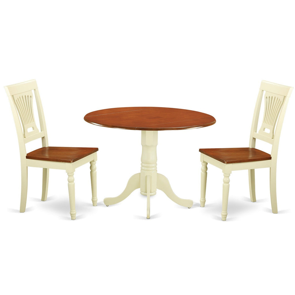 East West Furniture DLPL3-BMK-W 3 Piece Kitchen Table Set for Small Spaces Contains a Round Dining Table with Dropleaf and 2 Dining Room Chairs, 42x42 Inch, Buttermilk & Cherry