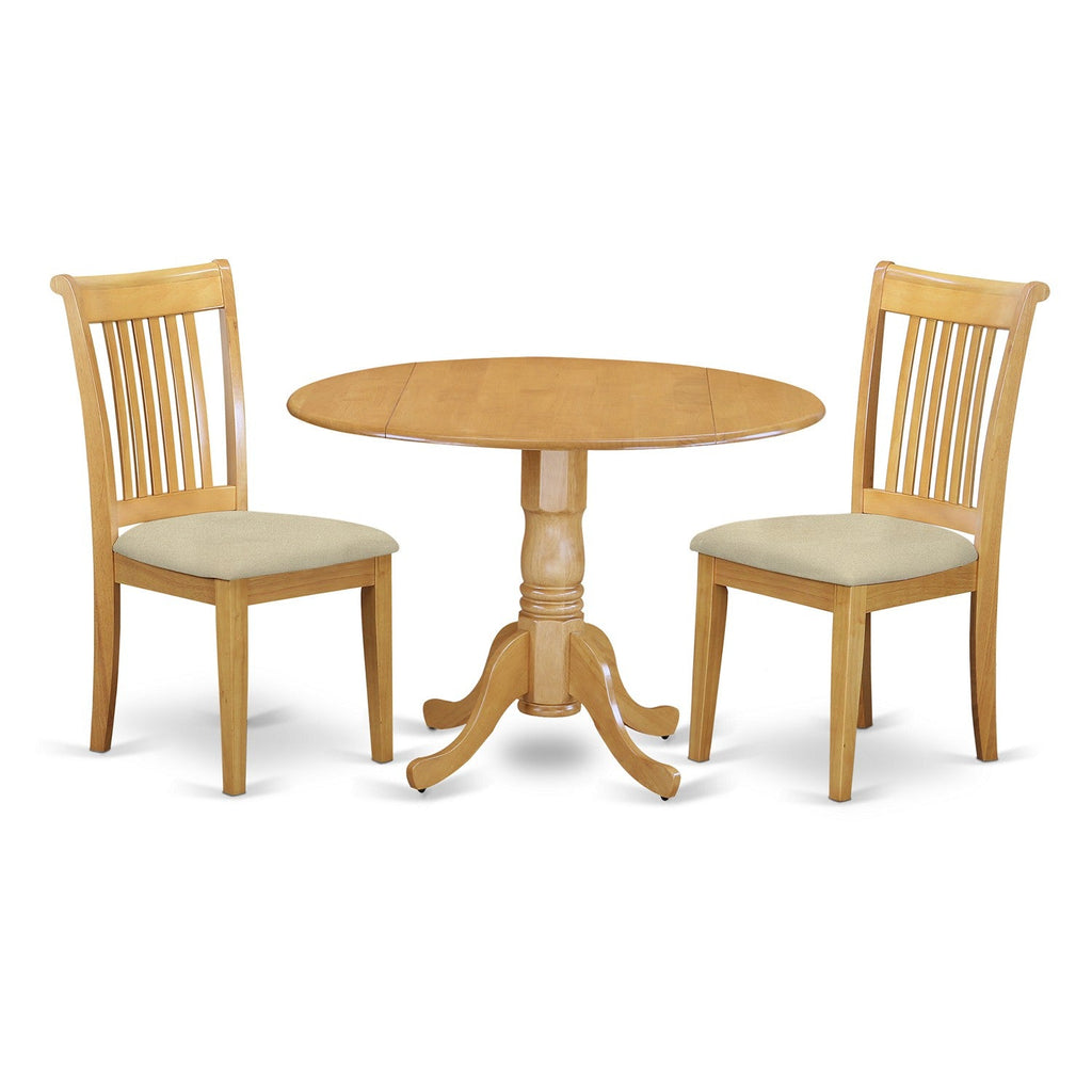 East West Furniture DLPO3-OAK-C 3 Piece Dining Set Contains a Round Dining Table with Dropleaf and 2 Linen Fabric Kitchen Room Chairs, 42x42 Inch, Oak