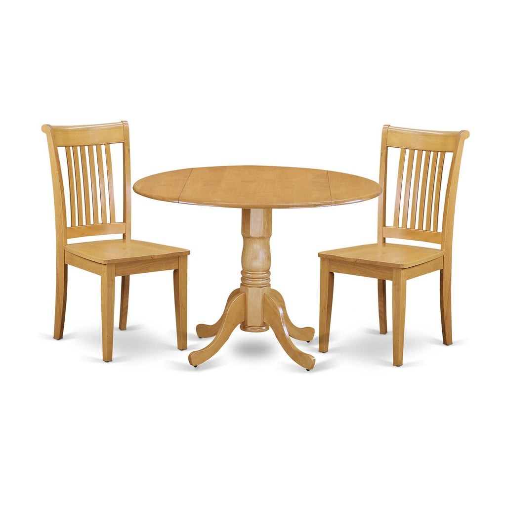 East West Furniture DLPO3-OAK-W 3 Piece Dining Room Furniture Set Contains a Round Kitchen Table with Dropleaf and 2 Dining Chairs, 42x42 Inch, Oak