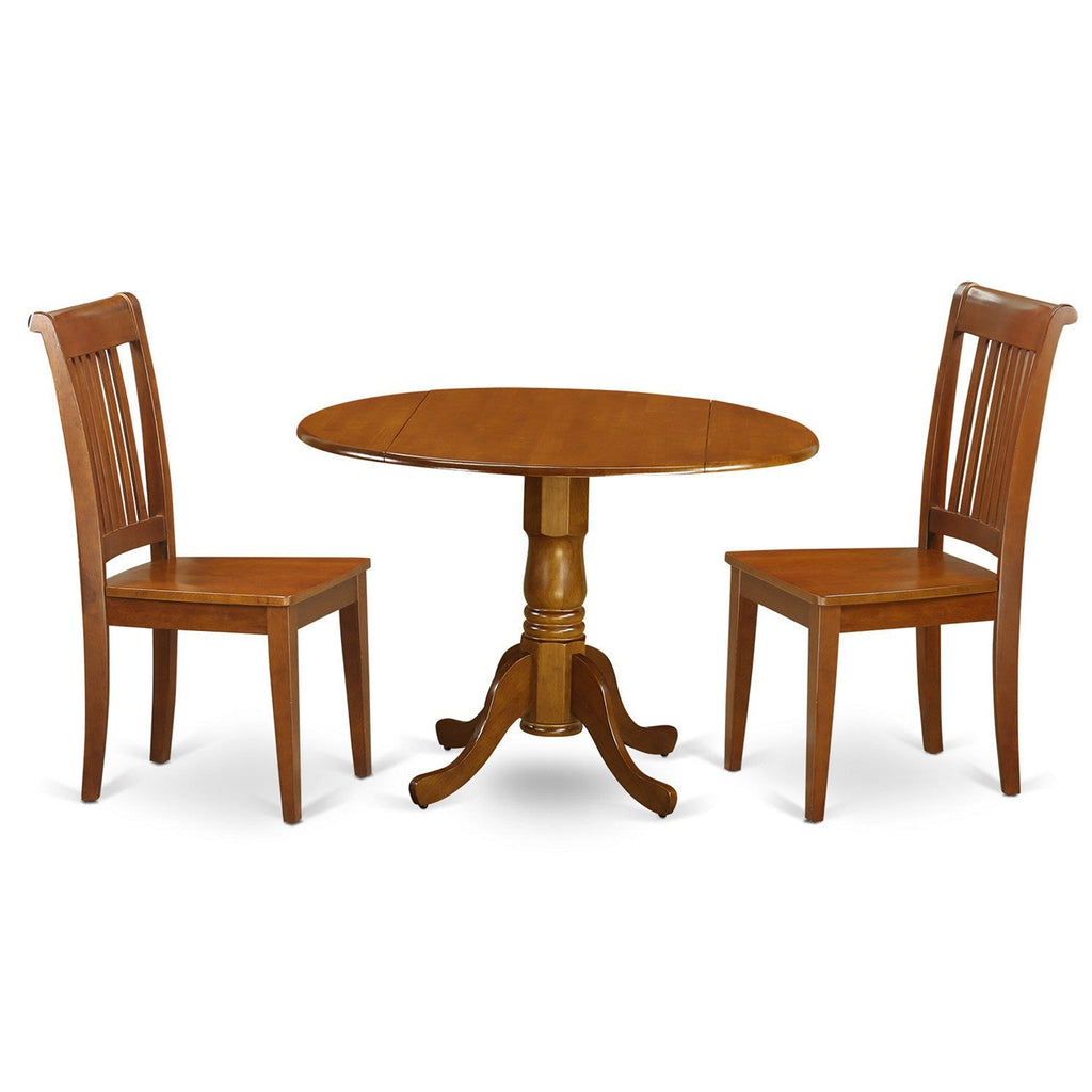 East West Furniture DLPO3-SBR-W 3 Piece Kitchen Table Set for Small Spaces Contains a Round Dining Room Table with Dropleaf and 2 Solid Wood Seat Chairs, 42x42 Inch, Saddle Brown